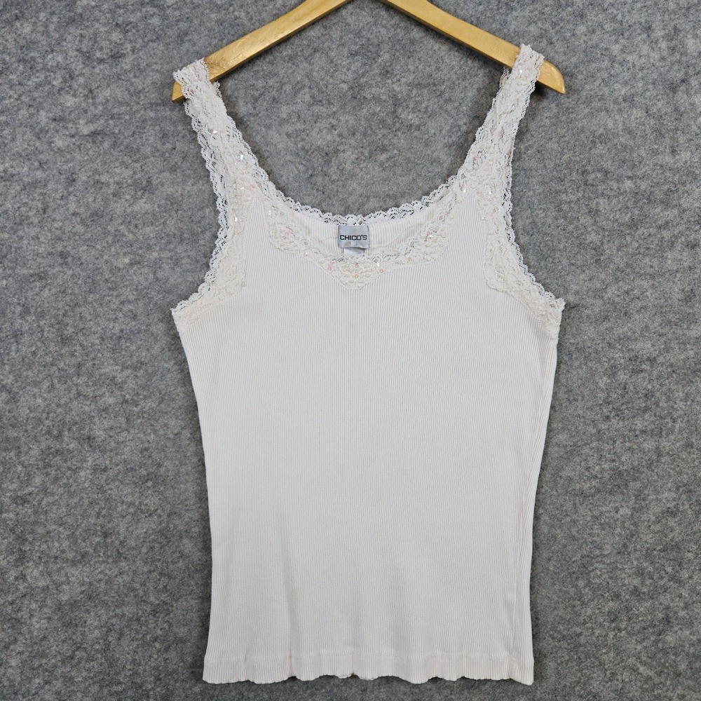 Chico's Women's Pale Pink Tank Top Size 3 (XL) Lace Trim Beaded Sequined‎ Ribbed